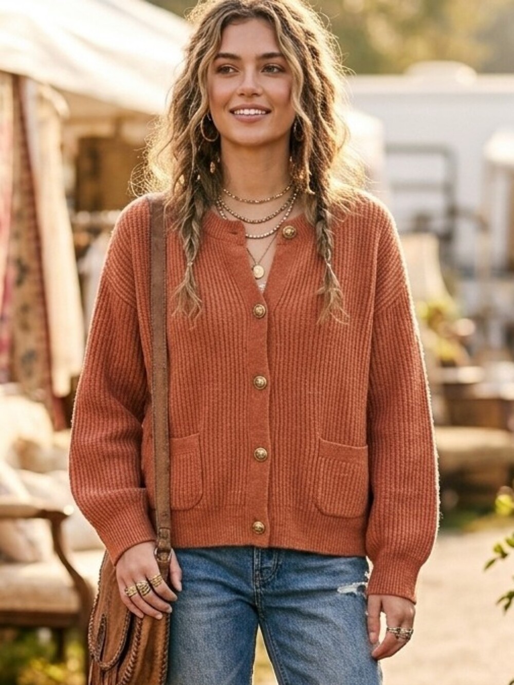Massimo Dutti Knit Cardigan Burnt Orange Gold Buttons Medium